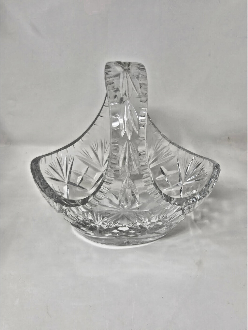 Vtg Cut Glass Crystal Basket Handle Starburst Etched Floral Centerpiece Bowl